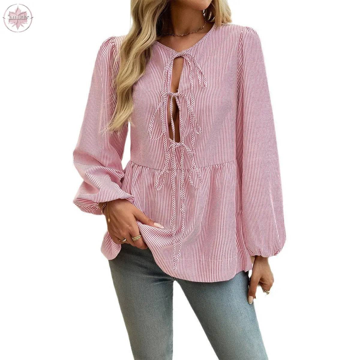 Autumn and winter European and American top women's casual loose striped lace up shirt - Lamiiche