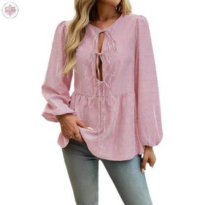 Autumn and winter European and American top women's casual loose striped lace up shirt - Lamiiche