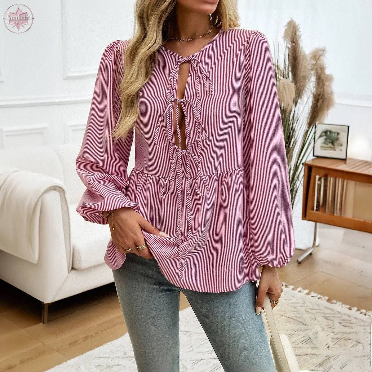 Autumn and winter European and American top women's casual loose striped lace up shirt - Lamiiche