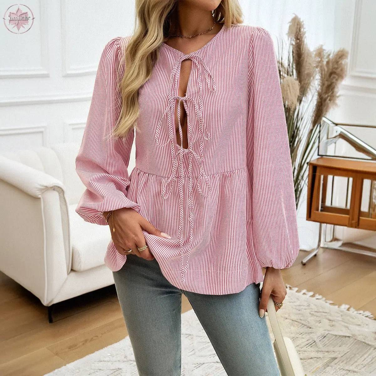 Autumn and winter European and American top women's casual loose striped lace up shirt - Lamiiche