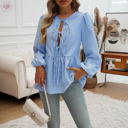 Autumn and winter European and American top women's casual loose striped lace up shirt - Lamiiche