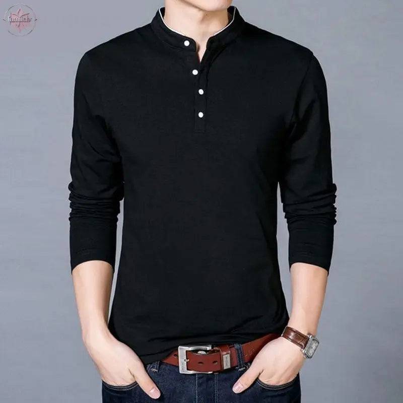 T-Shirt Men Spring Autumn New Cotton T Shirt Men Solid Color Chinese Style Mandarin Collar Long Sleeve Top Tee - Lamiiche