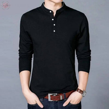 T-Shirt Men Spring Autumn New Cotton T Shirt Men Solid Color Chinese Style Mandarin Collar Long Sleeve Top Tee - Lamiiche