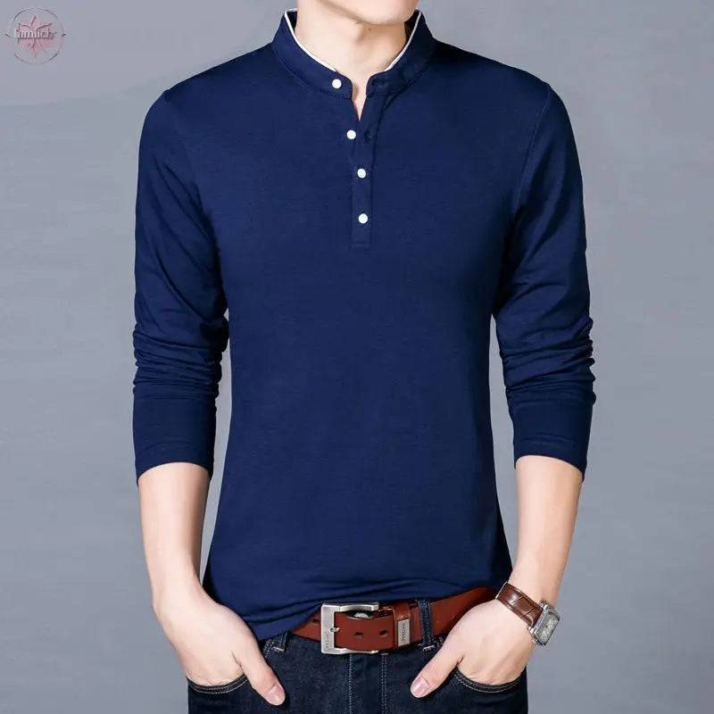 T-Shirt Men Spring Autumn New Cotton T Shirt Men Solid Color Chinese Style Mandarin Collar Long Sleeve Top Tee - Lamiiche