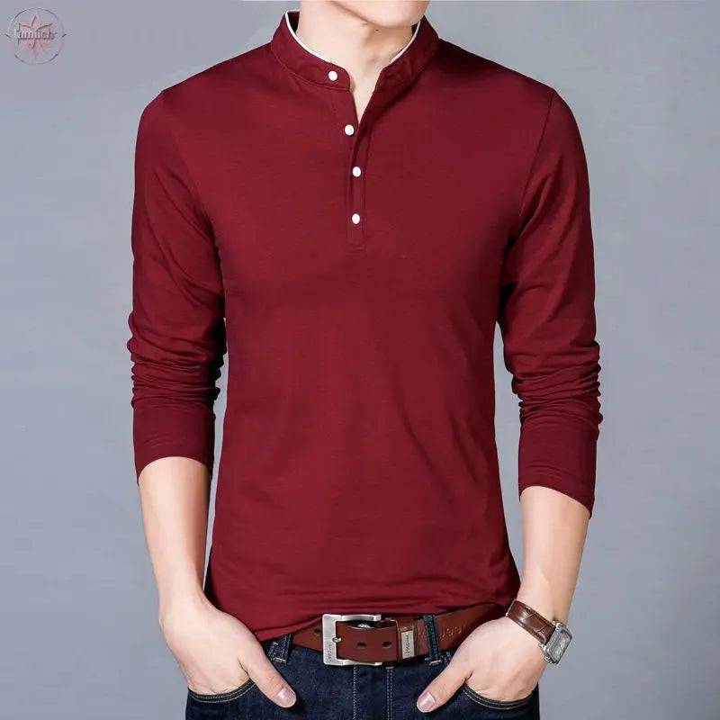 T-Shirt Men Spring Autumn New Cotton T Shirt Men Solid Color Chinese Style Mandarin Collar Long Sleeve Top Tee - Lamiiche