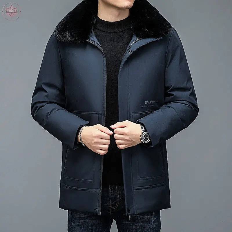 Winter Men's Cotton Clothes In Young People's Casual New Solid Color Fur Collar Removable Cotton Clothes In Long Business Suit - Lamiiche