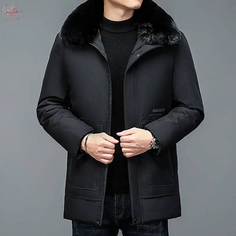 Winter Men's Cotton Clothes In Young People's Casual New Solid Color Fur Collar Removable Cotton Clothes In Long Business Suit - Lamiiche