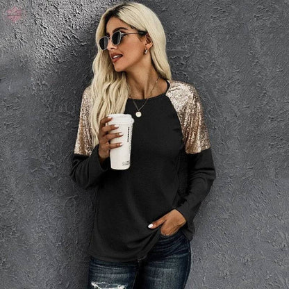 New Autumn Winter Hoods  Solid Sequin Stitching Round Neck Long Sleeve Casual Slim Woman Sweatshirts - Lamiiche