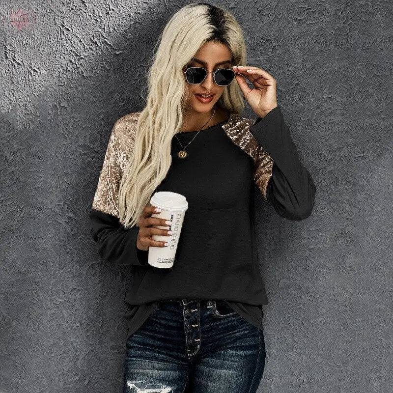 New Autumn Winter Hoods  Solid Sequin Stitching Round Neck Long Sleeve Casual Slim Woman Sweatshirts - Lamiiche