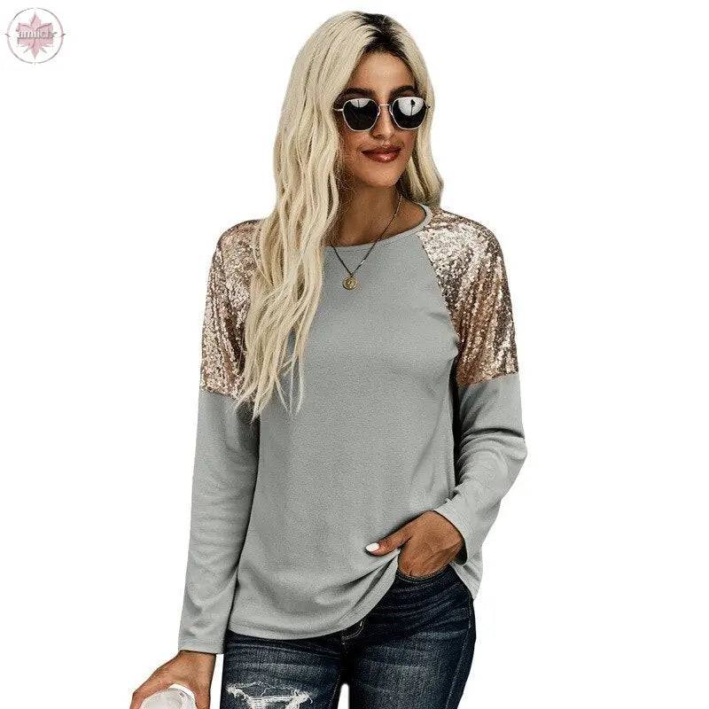 New Autumn Winter Hoods  Solid Sequin Stitching Round Neck Long Sleeve Casual Slim Woman Sweatshirts - Lamiiche