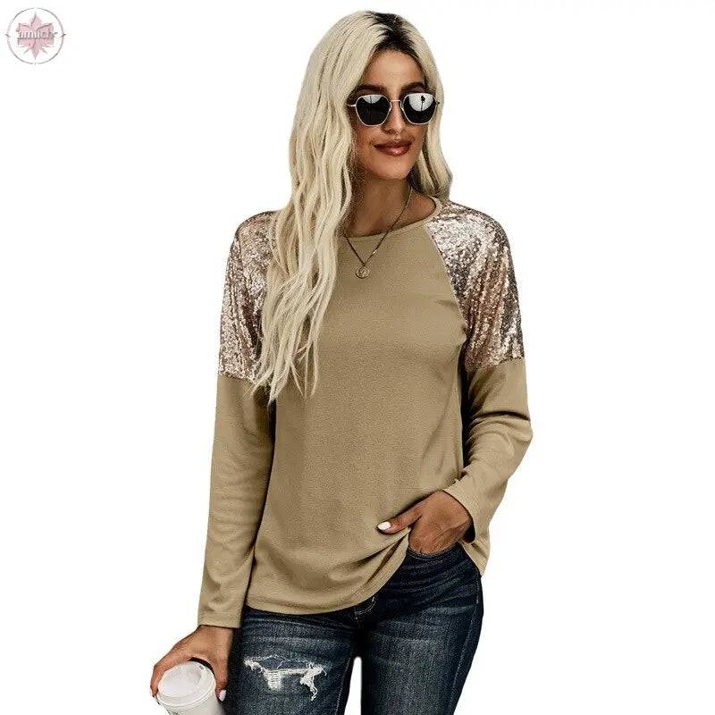 New Autumn Winter Hoods  Solid Sequin Stitching Round Neck Long Sleeve Casual Slim Woman Sweatshirts - Lamiiche