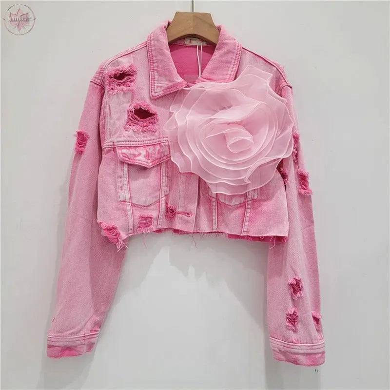 Three dimensional flower fashion tie dye pink personalized perforated pink stylish short denim jacket women's stylish jacket - Lamiiche