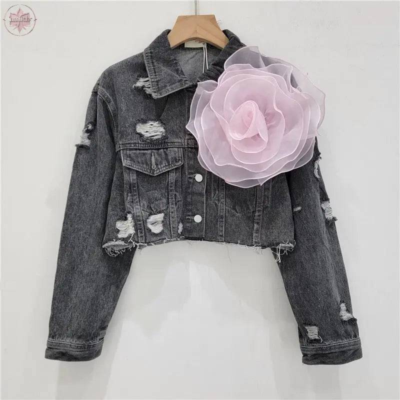 Three dimensional flower fashion tie dye pink personalized perforated pink stylish short denim jacket women's stylish jacket - Lamiiche