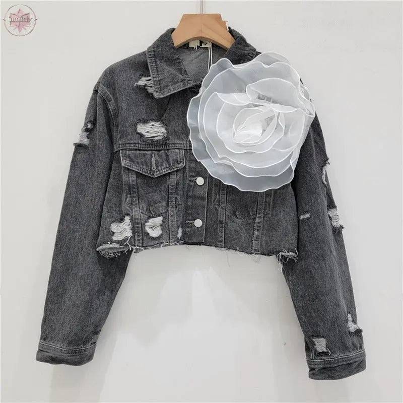 Three dimensional flower fashion tie dye pink personalized perforated pink stylish short denim jacket women's stylish jacket - Lamiiche