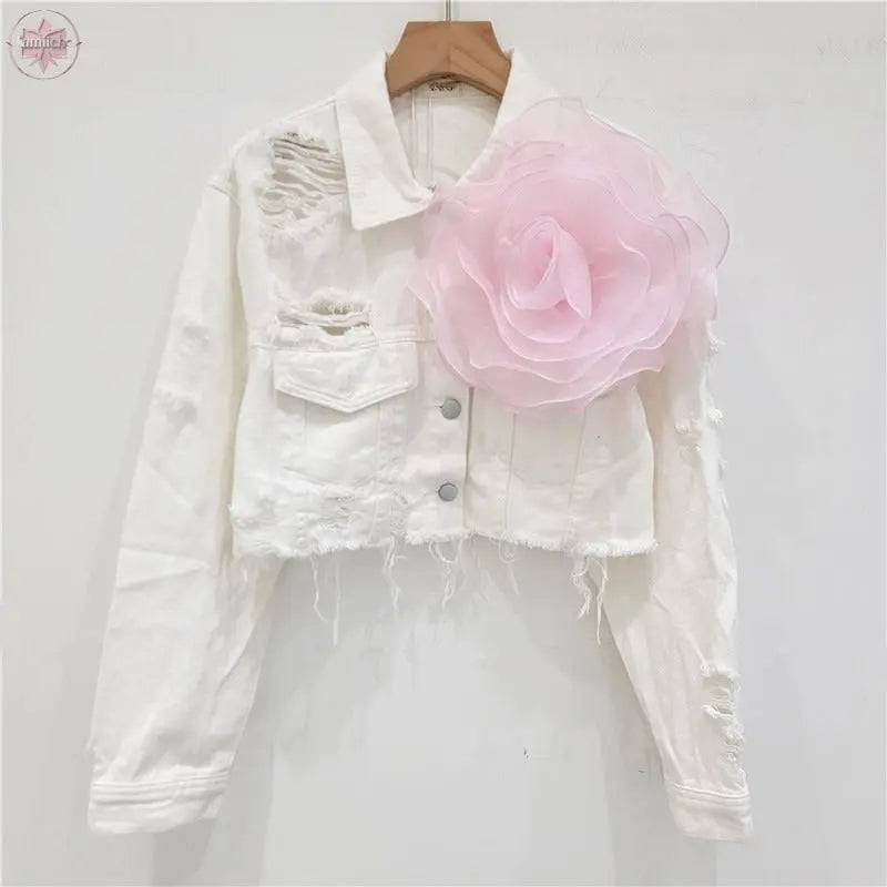 Three dimensional flower fashion tie dye pink personalized perforated pink stylish short denim jacket women's stylish jacket - Lamiiche