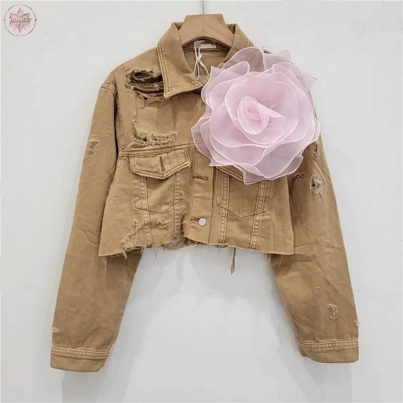 Three dimensional flower fashion tie dye pink personalized perforated pink stylish short denim jacket women's stylish jacket - Lamiiche