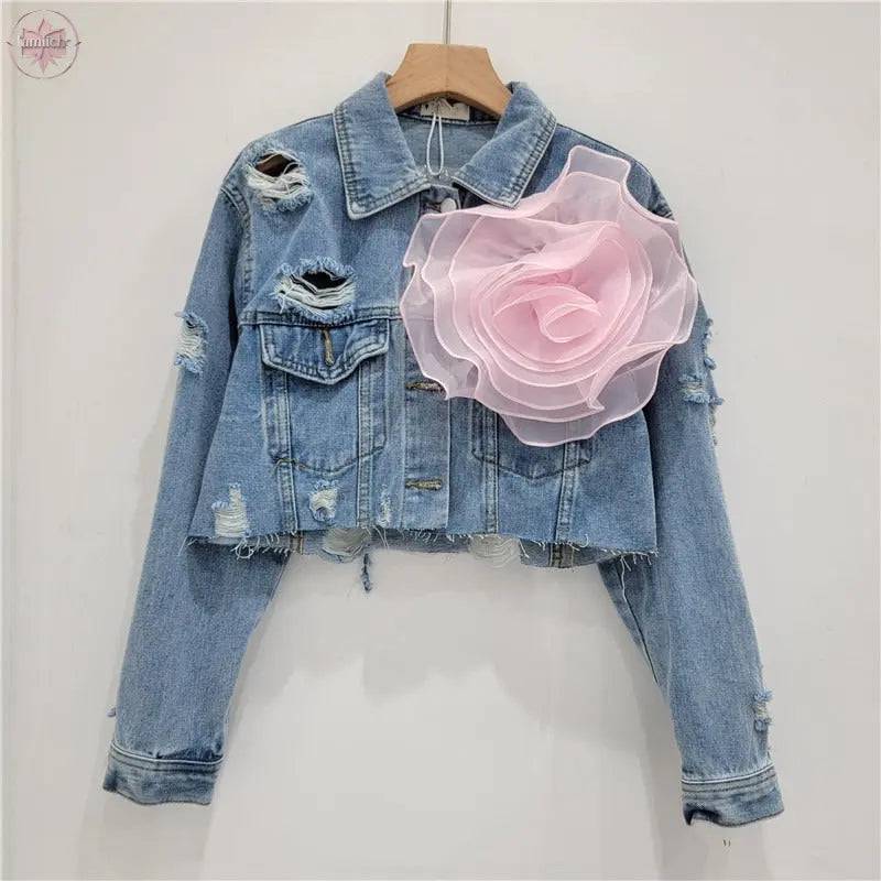 Three dimensional flower fashion tie dye pink personalized perforated pink stylish short denim jacket women's stylish jacket - Lamiiche