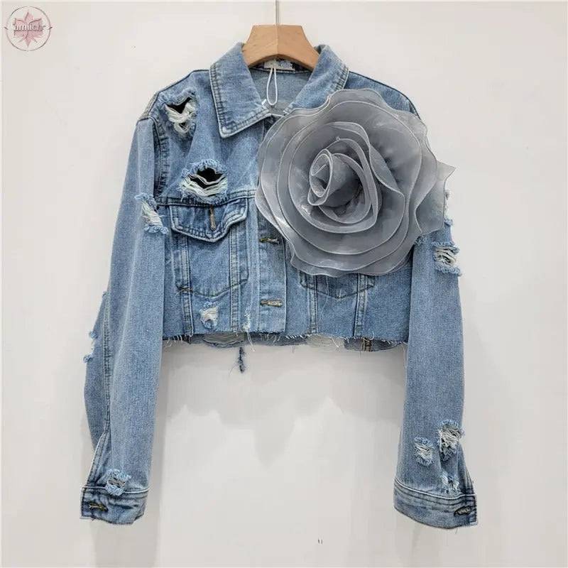 Three dimensional flower fashion tie dye pink personalized perforated pink stylish short denim jacket women's stylish jacket - Lamiiche