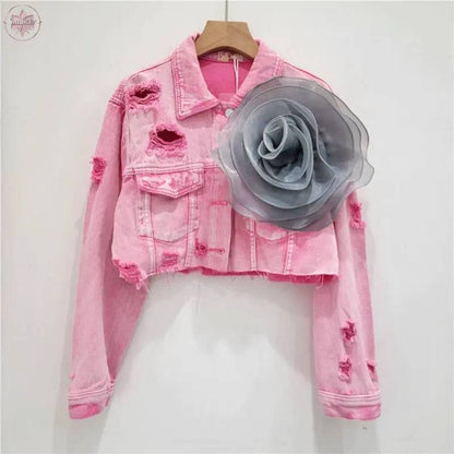 Three dimensional flower fashion tie dye pink personalized perforated pink stylish short denim jacket women's stylish jacket - Lamiiche