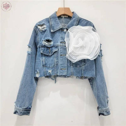 Three dimensional flower fashion tie dye pink personalized perforated pink stylish short denim jacket women's stylish jacket - Lamiiche