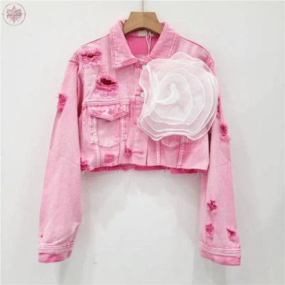 Three dimensional flower fashion tie dye pink personalized perforated pink stylish short denim jacket women's stylish jacket - Lamiiche