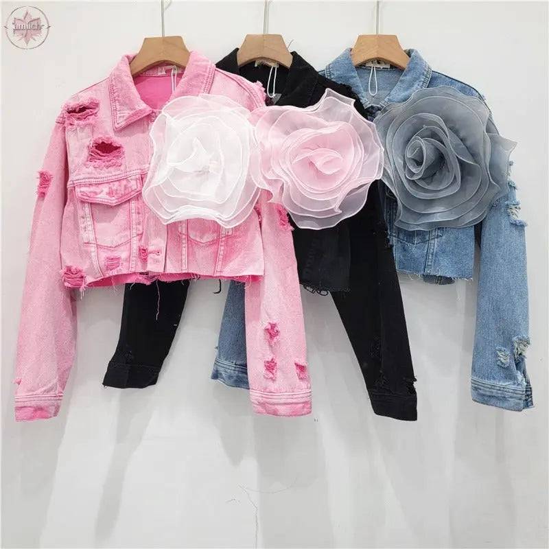 Three dimensional flower fashion tie dye pink personalized perforated pink stylish short denim jacket women's stylish jacket - Lamiiche