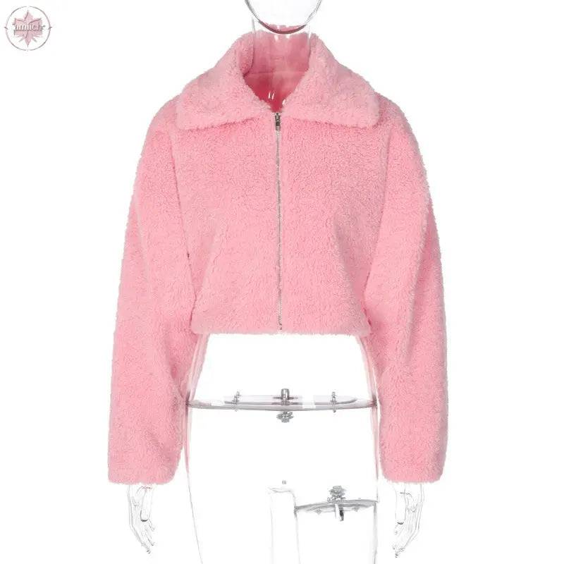 Fall Winter Plush Clothes Zip Up Pink Jacket - Lamiiche