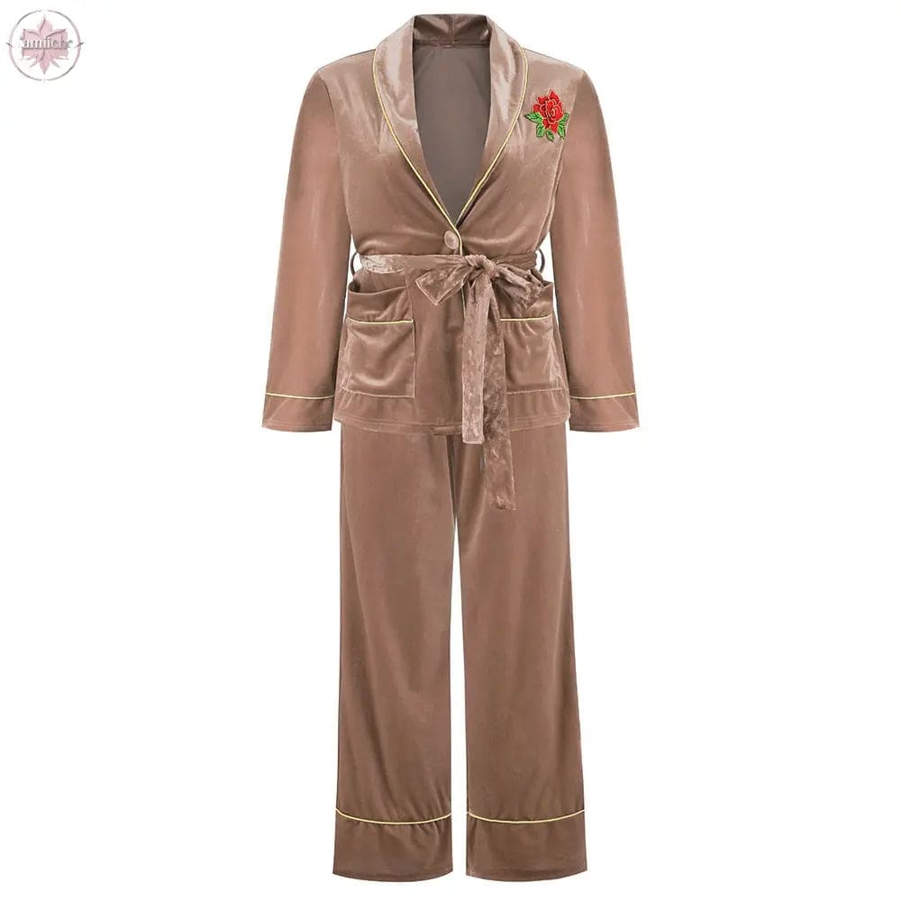 Korean Velvet Rose Embroidered Gold Pocket Home Suit Blouse Trousers Pajamas Woman - Lamiiche