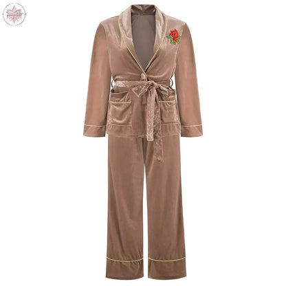 Korean Velvet Rose Embroidered Gold Pocket Home Suit Blouse Trousers Pajamas Woman - Lamiiche