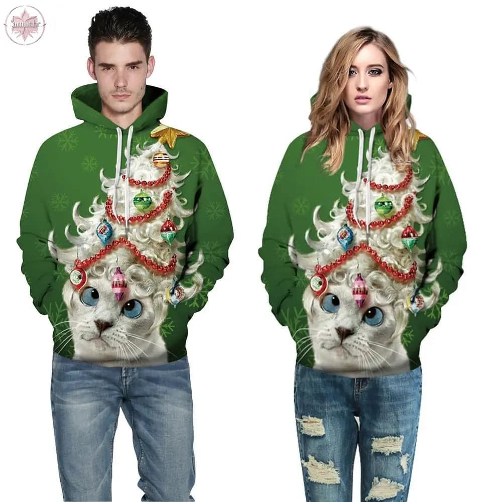 Men Women  Christmas Cat print Casual Pullover Sweatshirts - Lamiiche