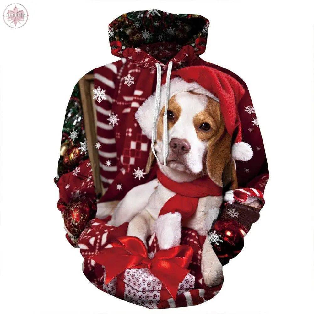 Women Men Christmas 3D Dog Print Sweatshirt Hoodies - Lamiiche