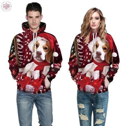 Women Men Christmas 3D Dog Print Sweatshirt Hoodies - Lamiiche