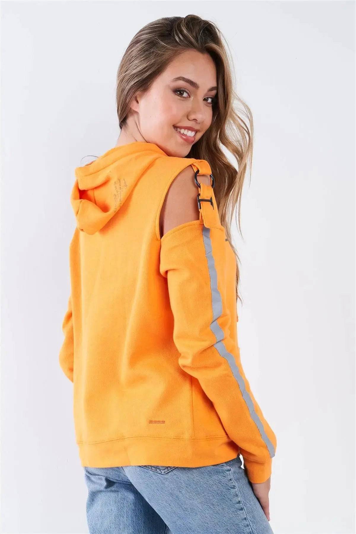 Orange Long Sleeve Adjustable Buckle Cold Shoulder "Celebrating Life" Hoodie - Lamiiche