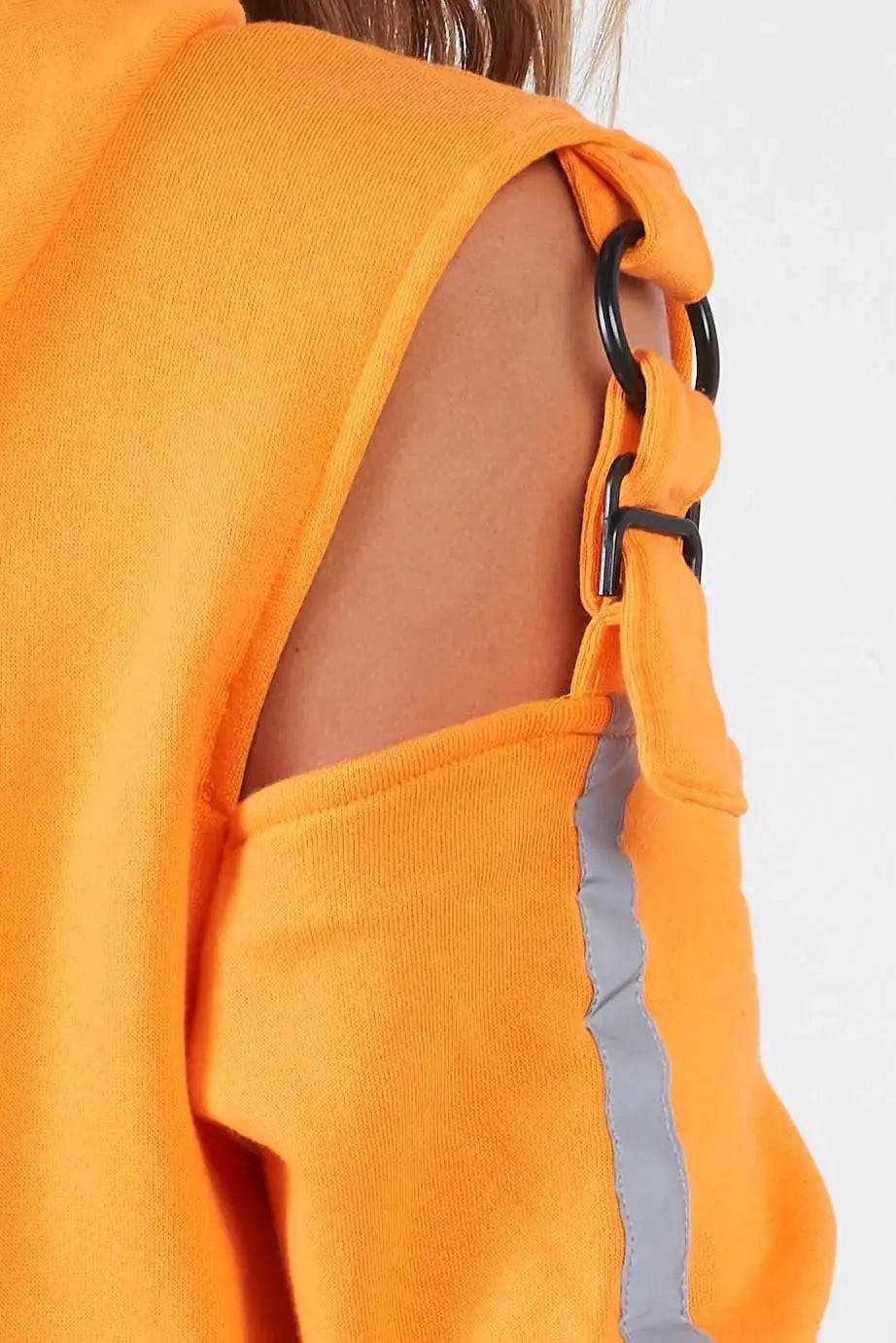 Orange Long Sleeve Adjustable Buckle Cold Shoulder "Celebrating Life" Hoodie - Lamiiche