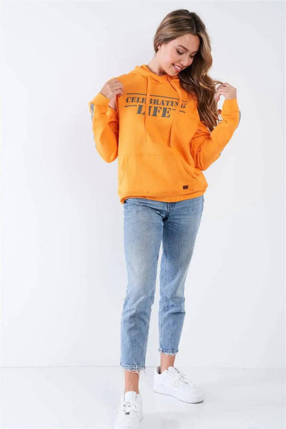 Orange Long Sleeve Adjustable Buckle Cold Shoulder "Celebrating Life" Hoodie - Lamiiche