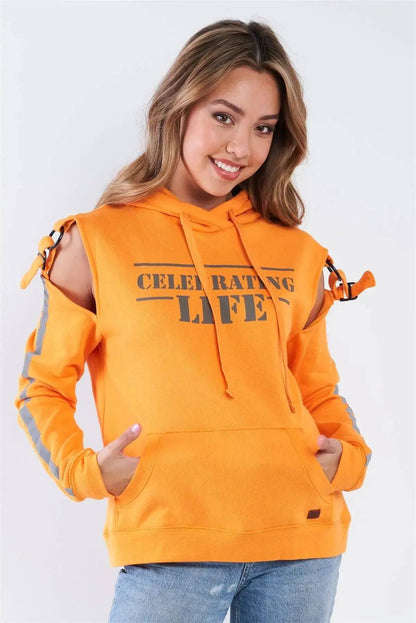 Orange Long Sleeve Adjustable Buckle Cold Shoulder "Celebrating Life" Hoodie - Lamiiche