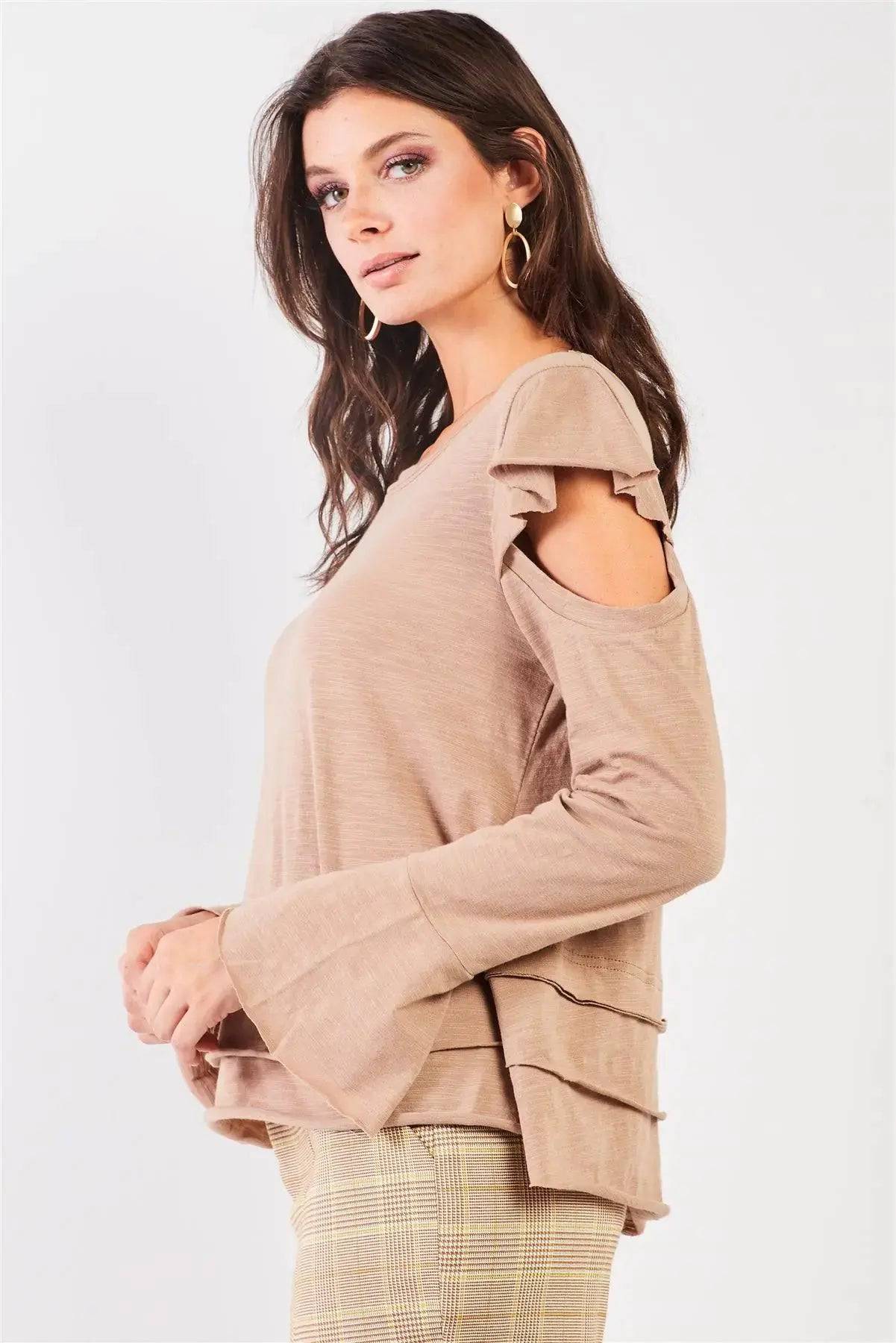 Taupe Cut-Out Shoulder Bell Sleeve Raw Edge Detail Layered Hem Top /2-2-2 - Lamiiche