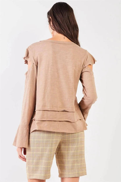 Taupe Cut-Out Shoulder Bell Sleeve Raw Edge Detail Layered Hem Top /2-2-2 - Lamiiche