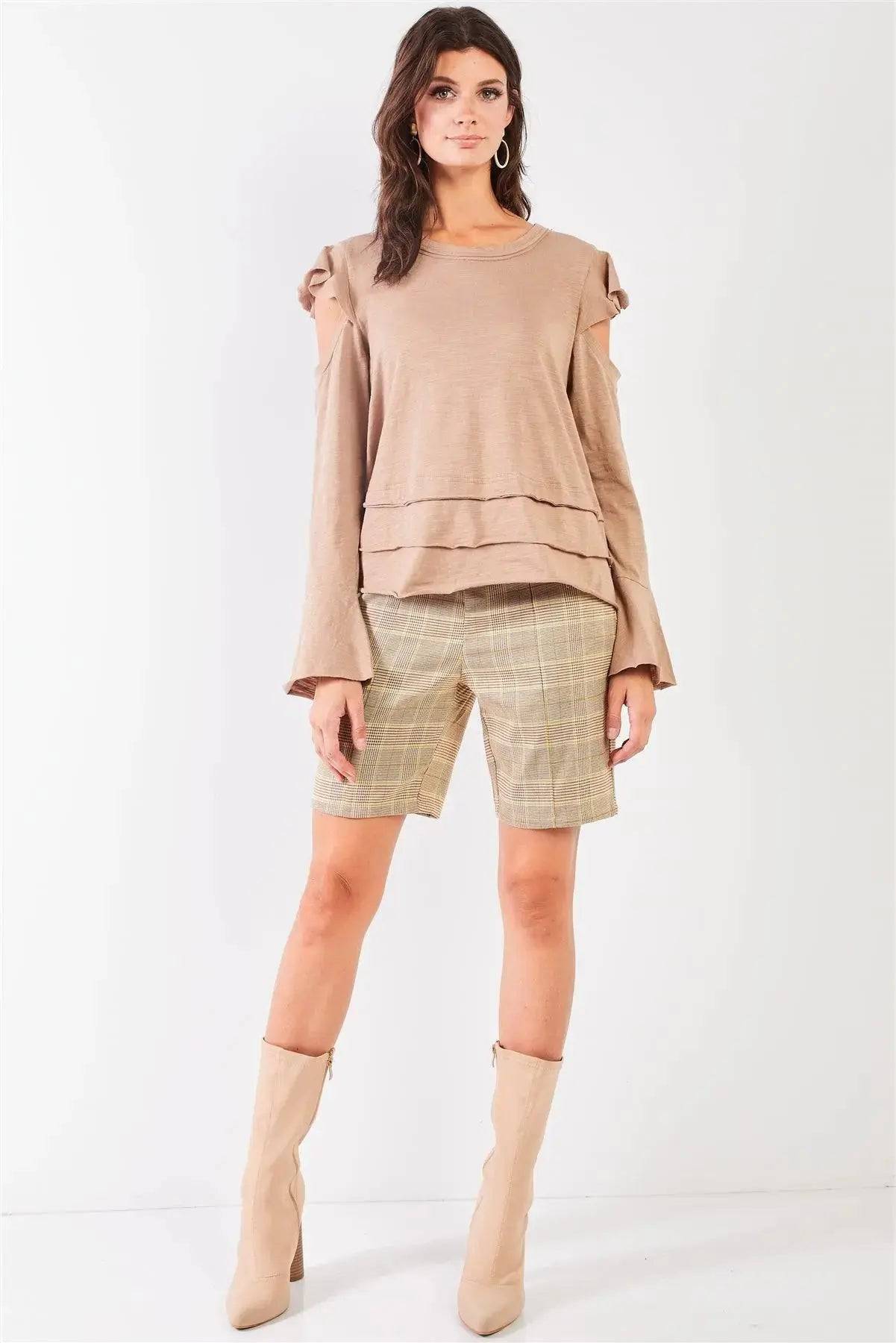 Taupe Cut-Out Shoulder Bell Sleeve Raw Edge Detail Layered Hem Top /2-2-2 - Lamiiche