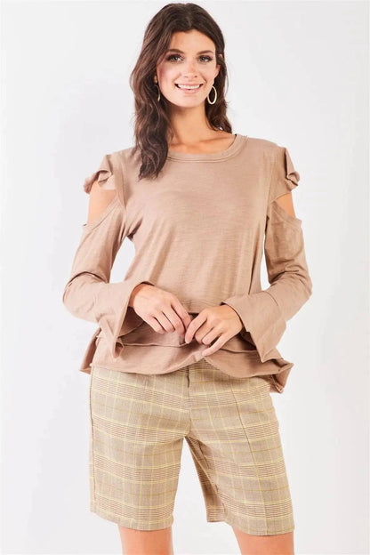 Taupe Cut-Out Shoulder Bell Sleeve Raw Edge Detail Layered Hem Top /2-2-2 - Lamiiche