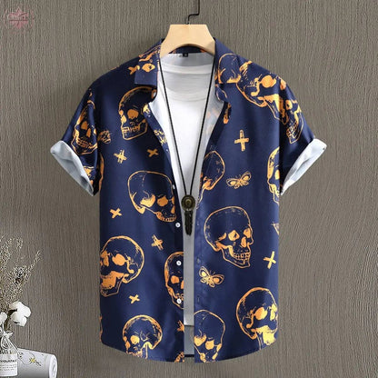 Men's shirt casual loose fit men's navy skull digital printed short sleeved shirt - Lamiiche