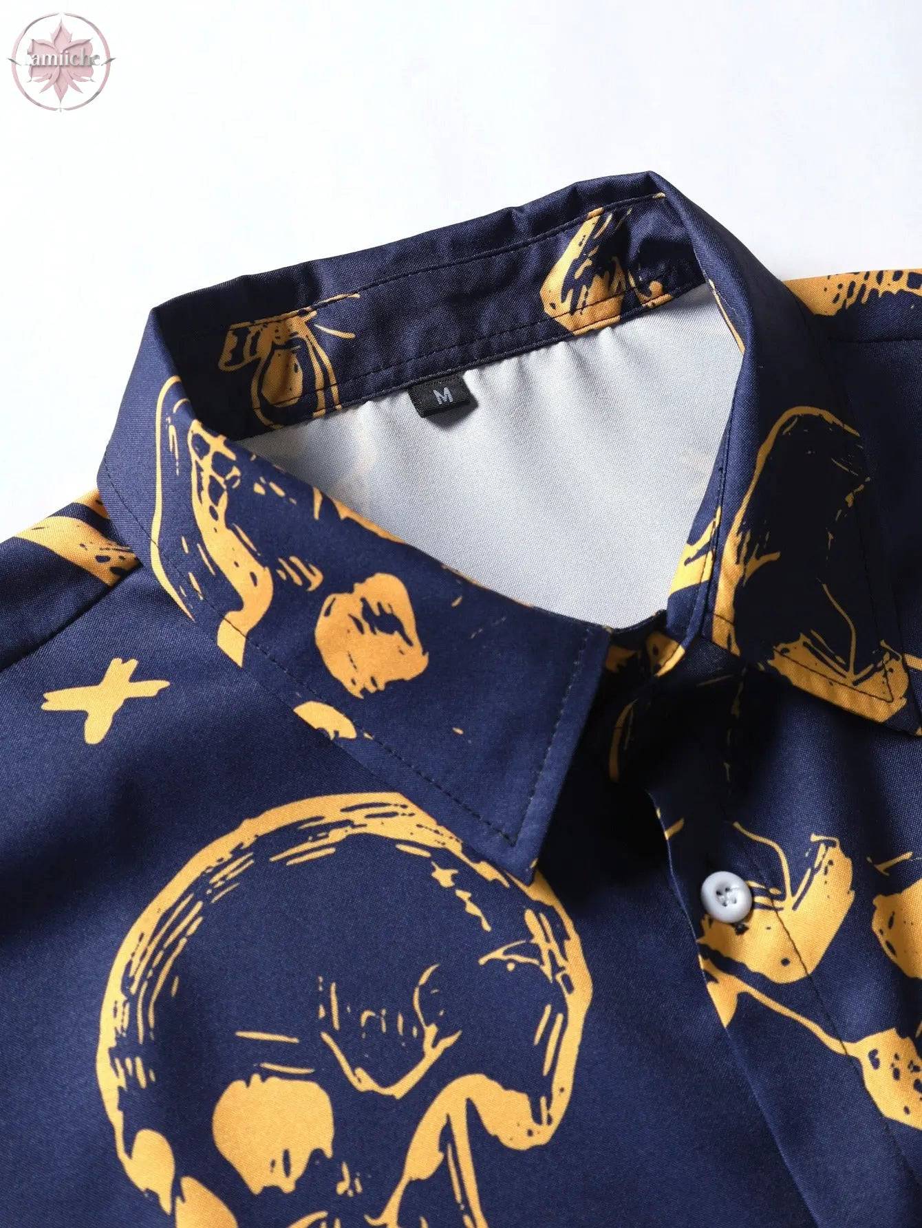 Men's shirt casual loose fit men's navy skull digital printed short sleeved shirt - Lamiiche