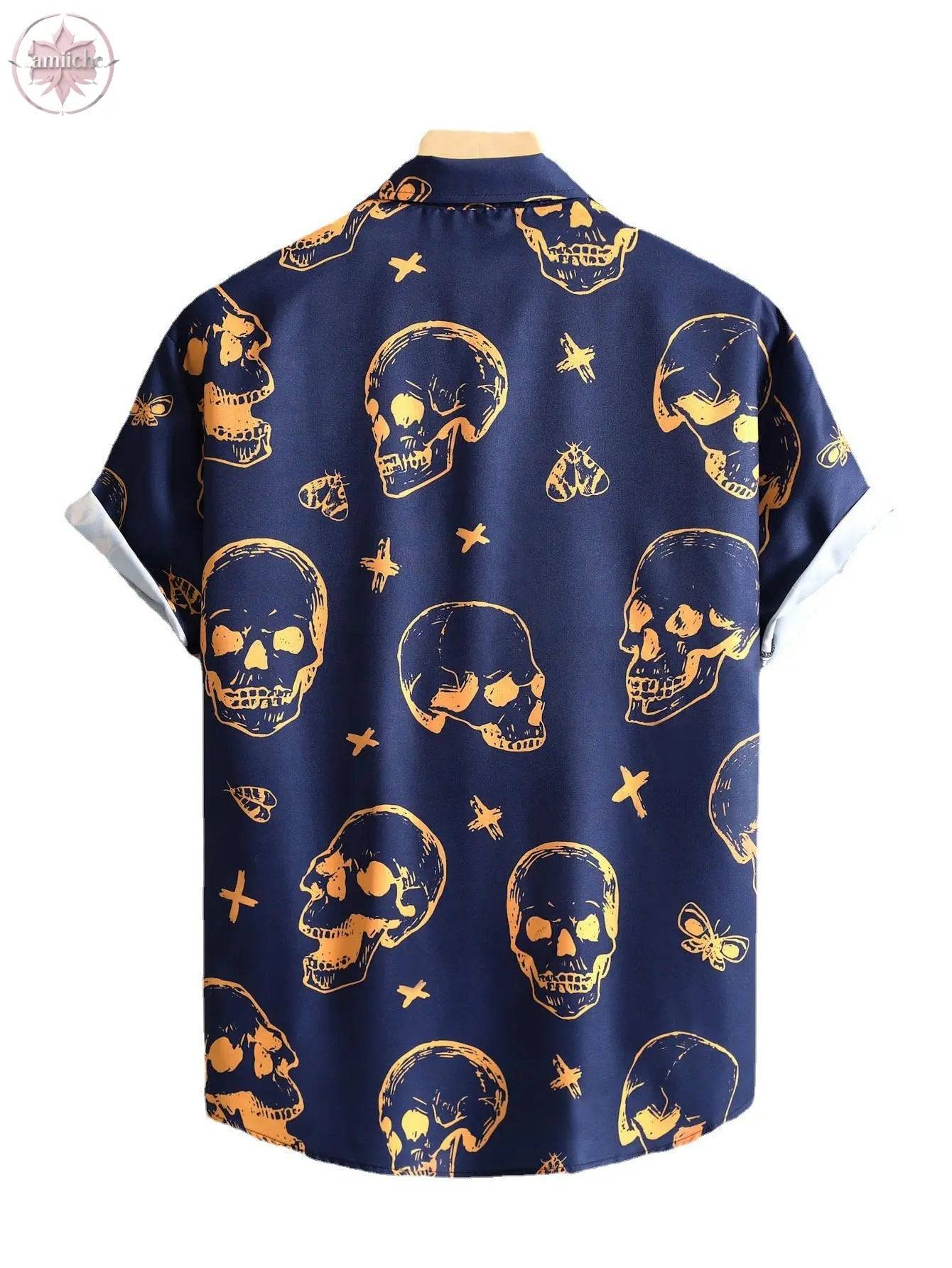 Men's shirt casual loose fit men's navy skull digital printed short sleeved shirt - Lamiiche