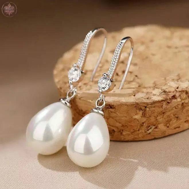 Water droplet shaped simulated freshwater pearl earrings for women, new zircon shell pearl group set with long earrings - Lamiiche