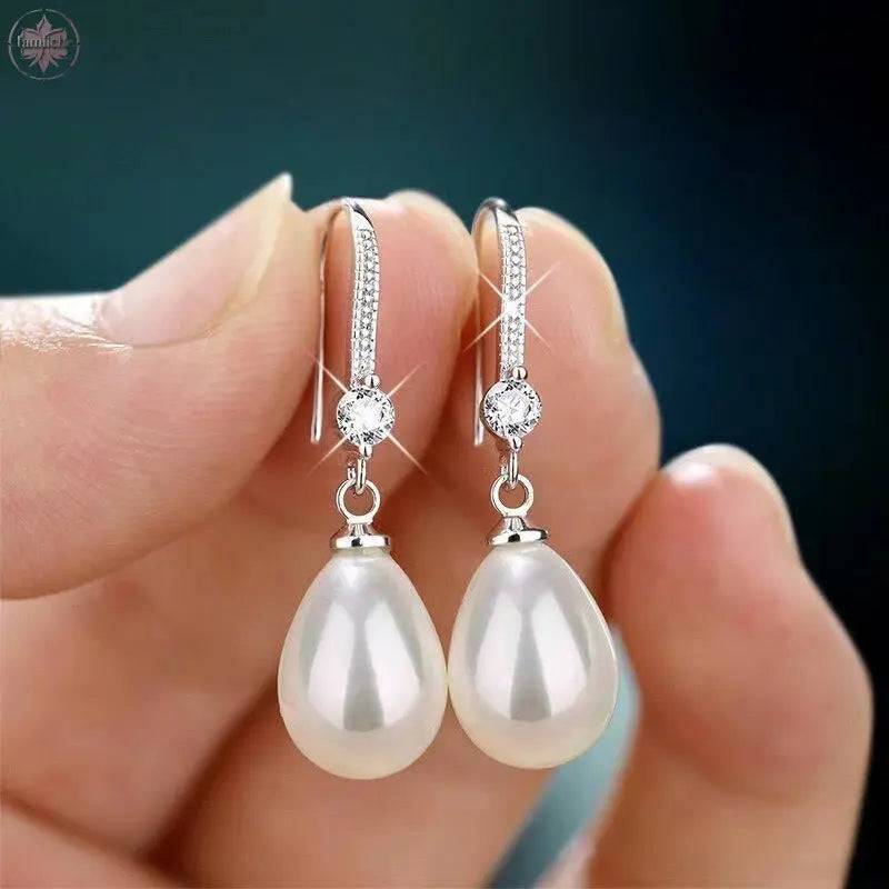 Water droplet shaped simulated freshwater pearl earrings for women, new zircon shell pearl group set with long earrings - Lamiiche