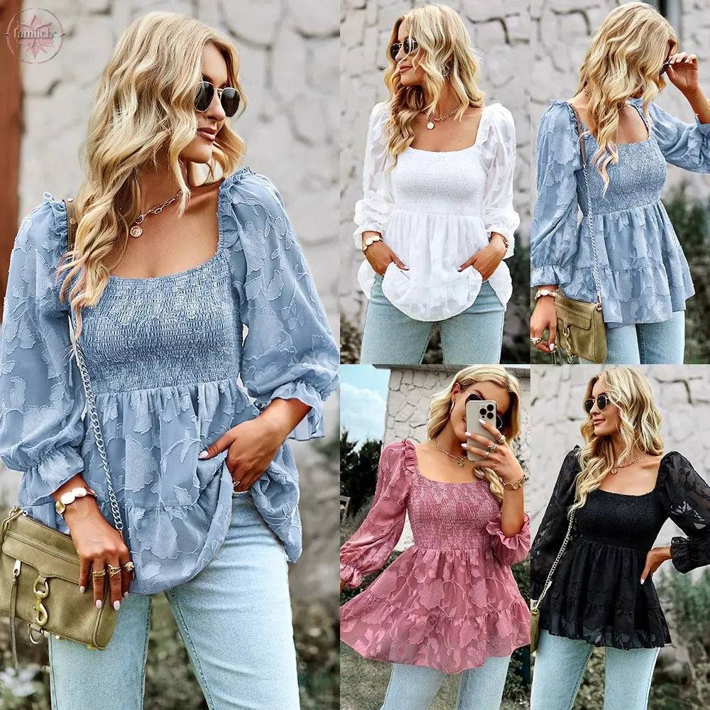 French square neck long top 2022 spring and autumn versatile top shirt woman - Lamiiche