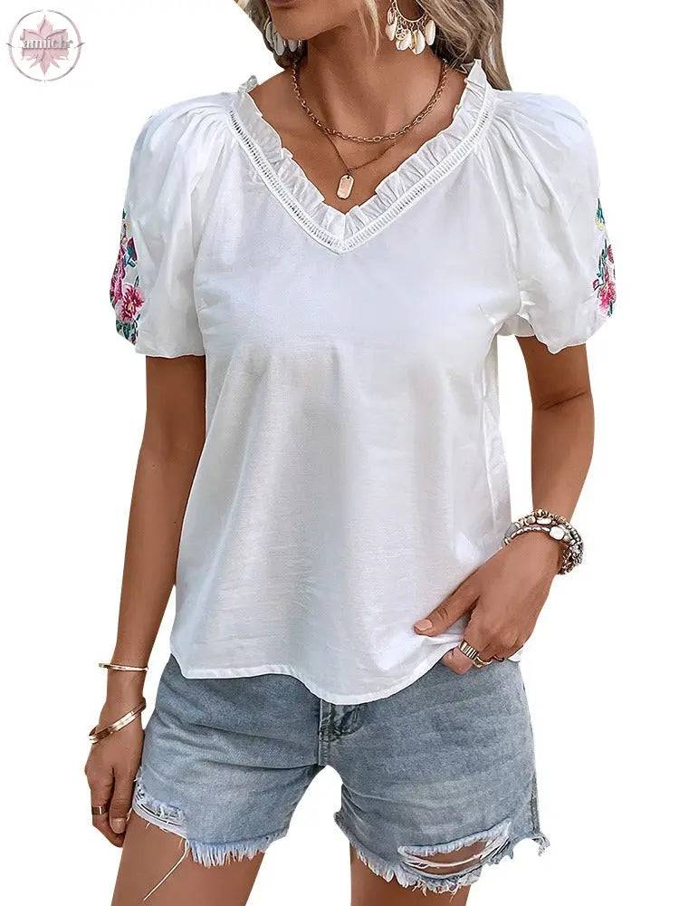 New European and American summer women's clothing with shoulder sleeves embroidered white shirt for women - Lamiiche