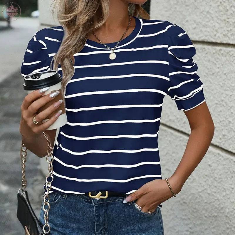 New European and American Summer Women's Fashion Bubble Sleeve Striped T-shirt for Women - Lamiiche