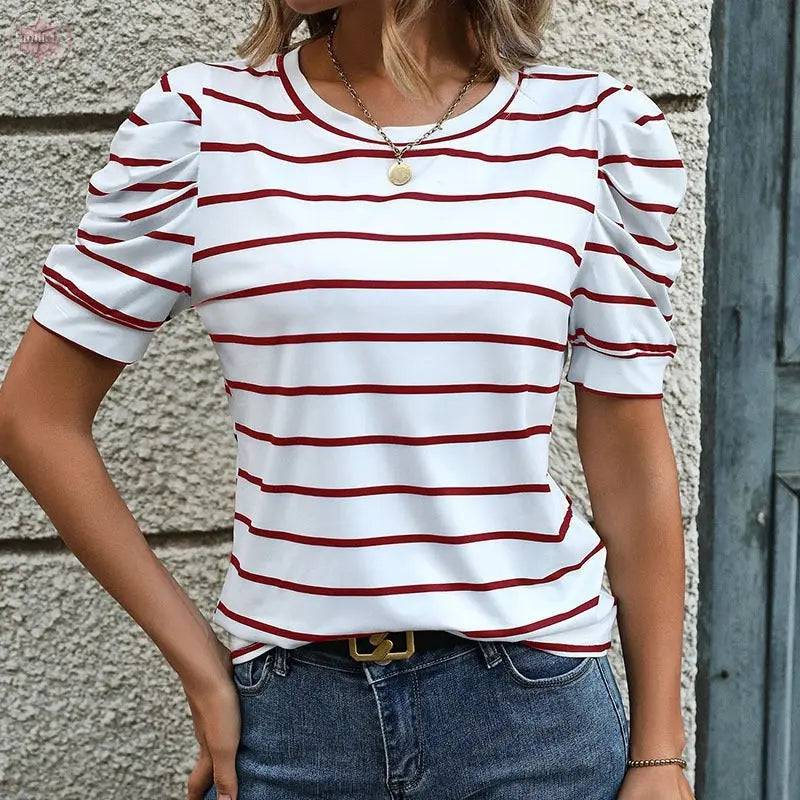 New European and American Summer Women's Fashion Bubble Sleeve Striped T-shirt for Women - Lamiiche