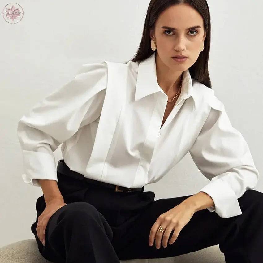 Right angled shoulder white shirt for women with a sense of temperament and design, niche long sleeved shirt top - Lamiiche